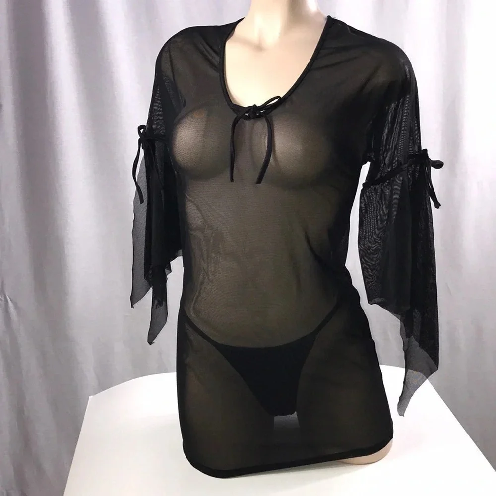 Zuliana Size Large Mesh Flowy Sleeve With Ribbon Ties Dress. Made in USA. New